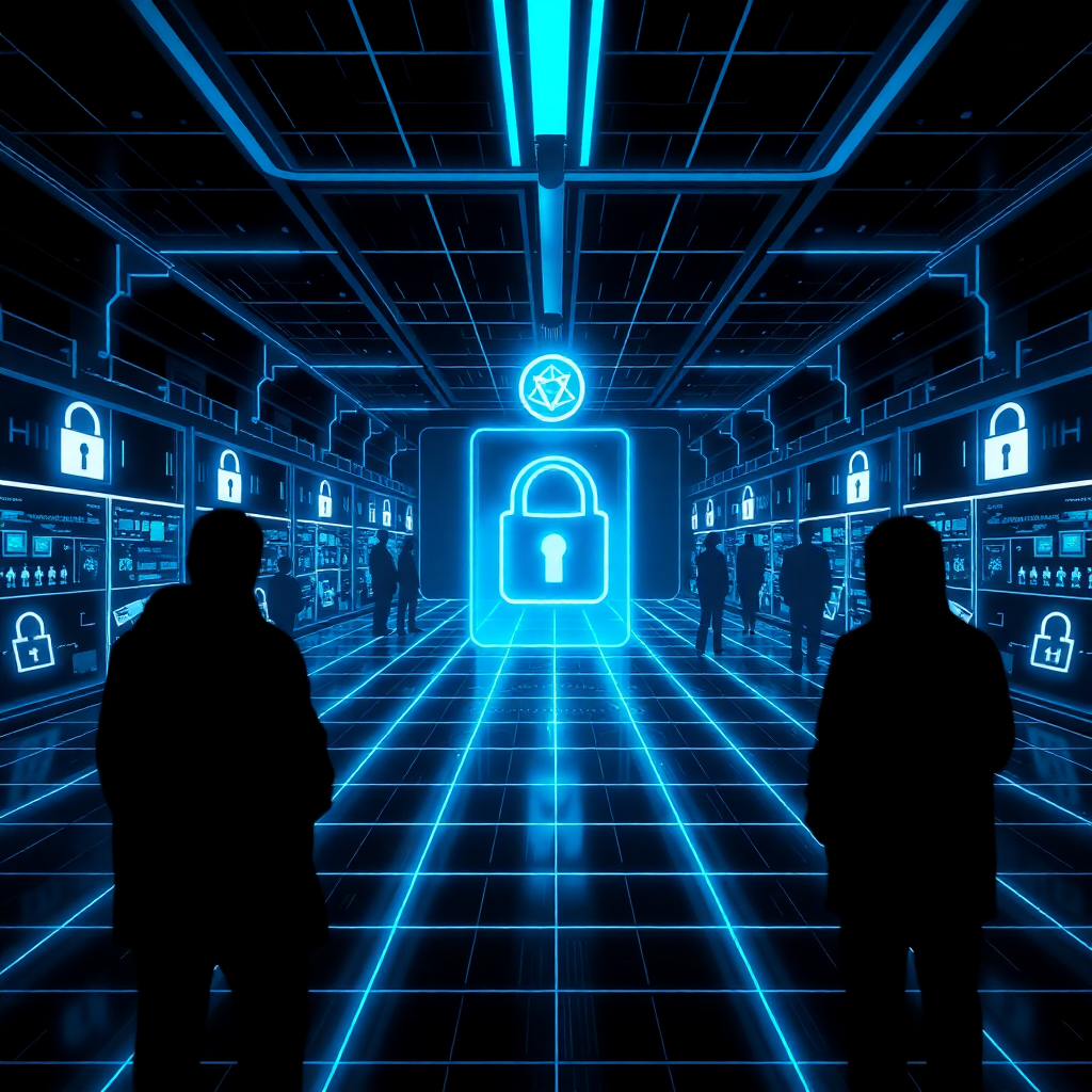 Futuristic digital marketplace with blue neon grid, secure padlocks, and anonymous user silhouettes trading in a virtual space
