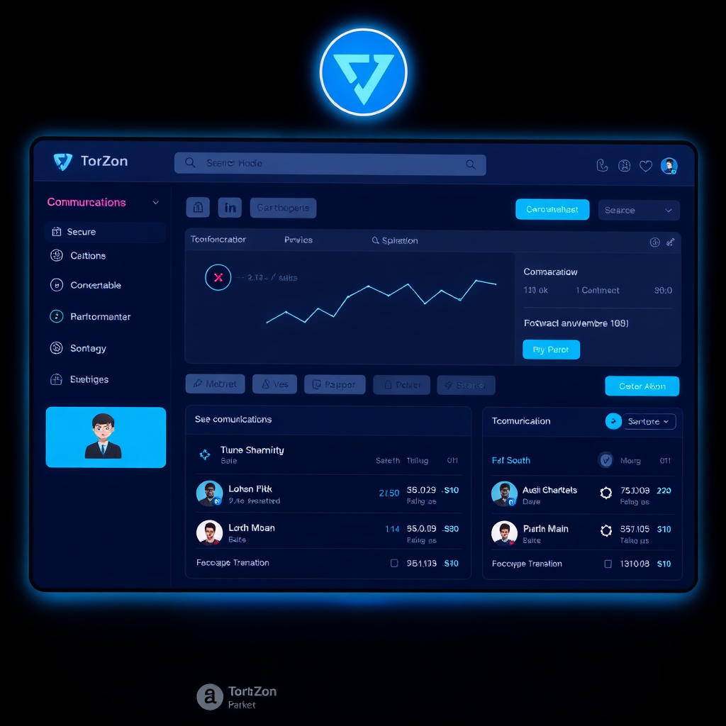 Secure digital marketplace interface with encrypted chat, cryptocurrency icons, and anonymous avatars, all in blue neon style