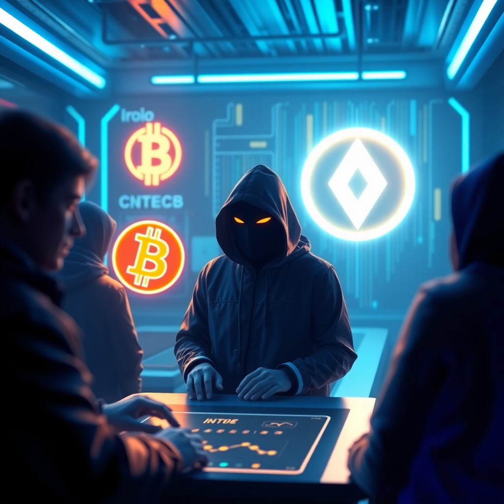 Futuristic digital currency exchange with anonymous users, glowing Bitcoin and Monero symbols, and a secure, blue neon environment