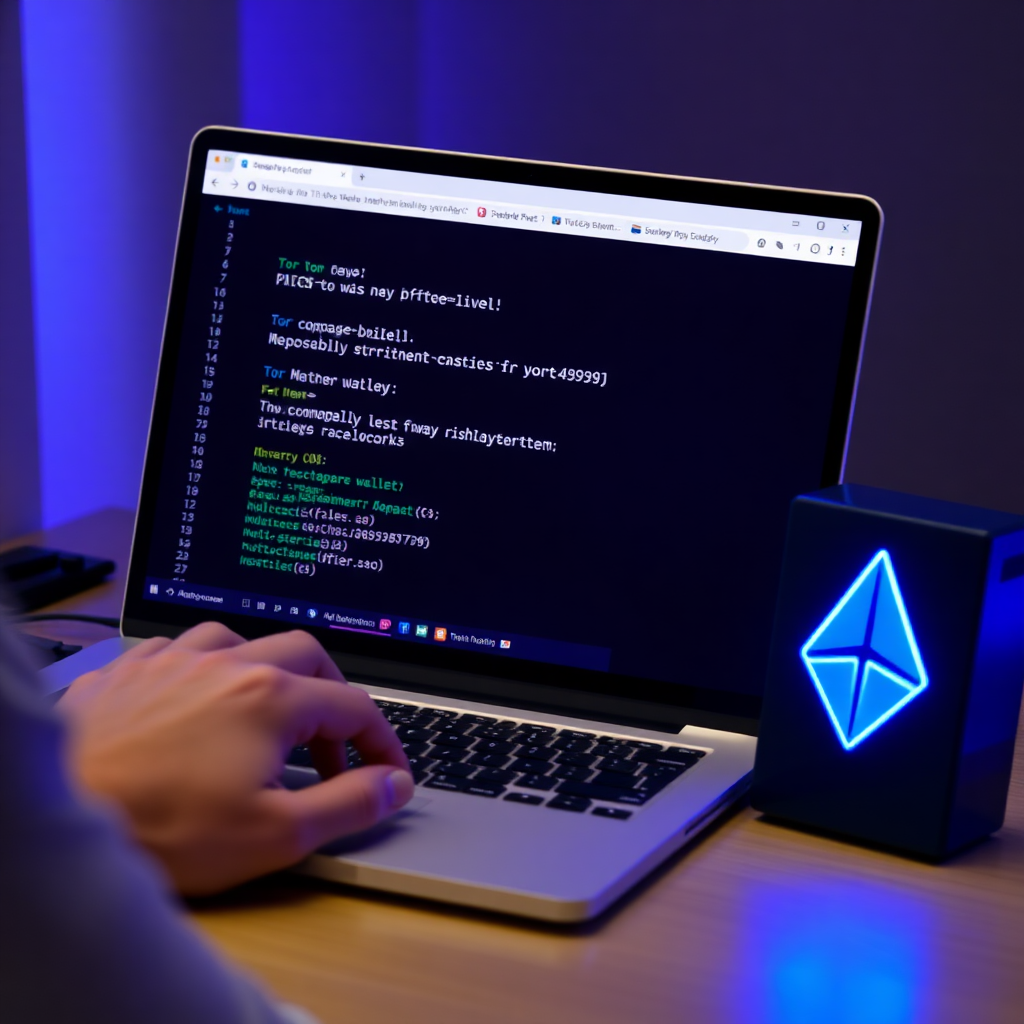 Person using Tor browser on a laptop, PGP key on screen, and a Monero wallet with blue neon privacy shield