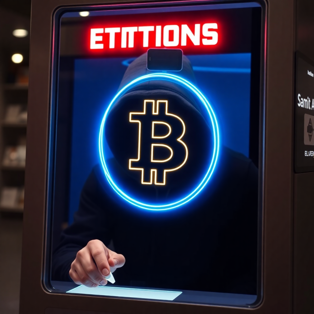 Anonymous person buying cryptocurrency at a digital kiosk, face hidden, with blue neon privacy shield and no ID required