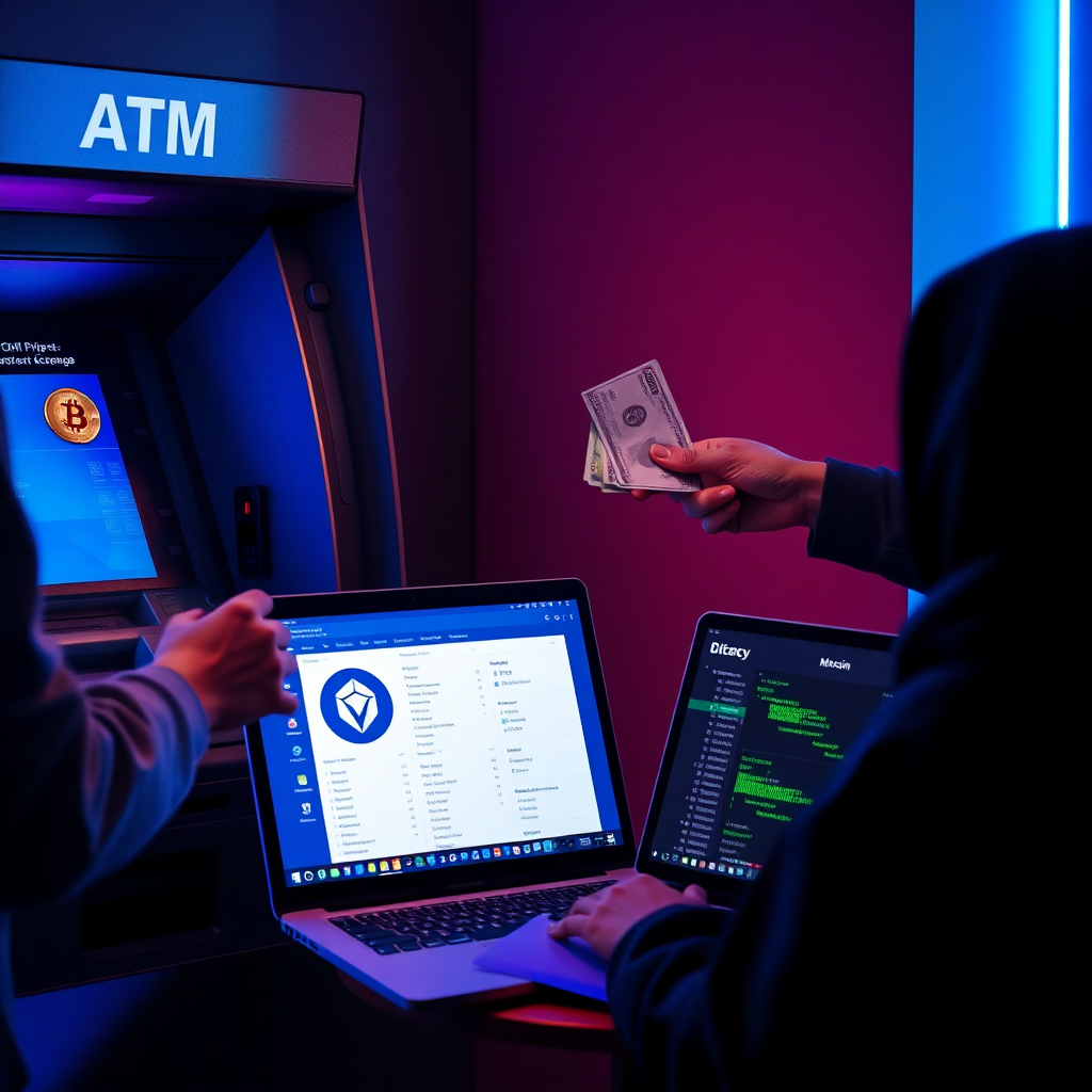 Person using a Bitcoin ATM, another person exchanging cash for Monero, and a laptop showing a decentralized exchange interface, all with blue neon privacy effects
