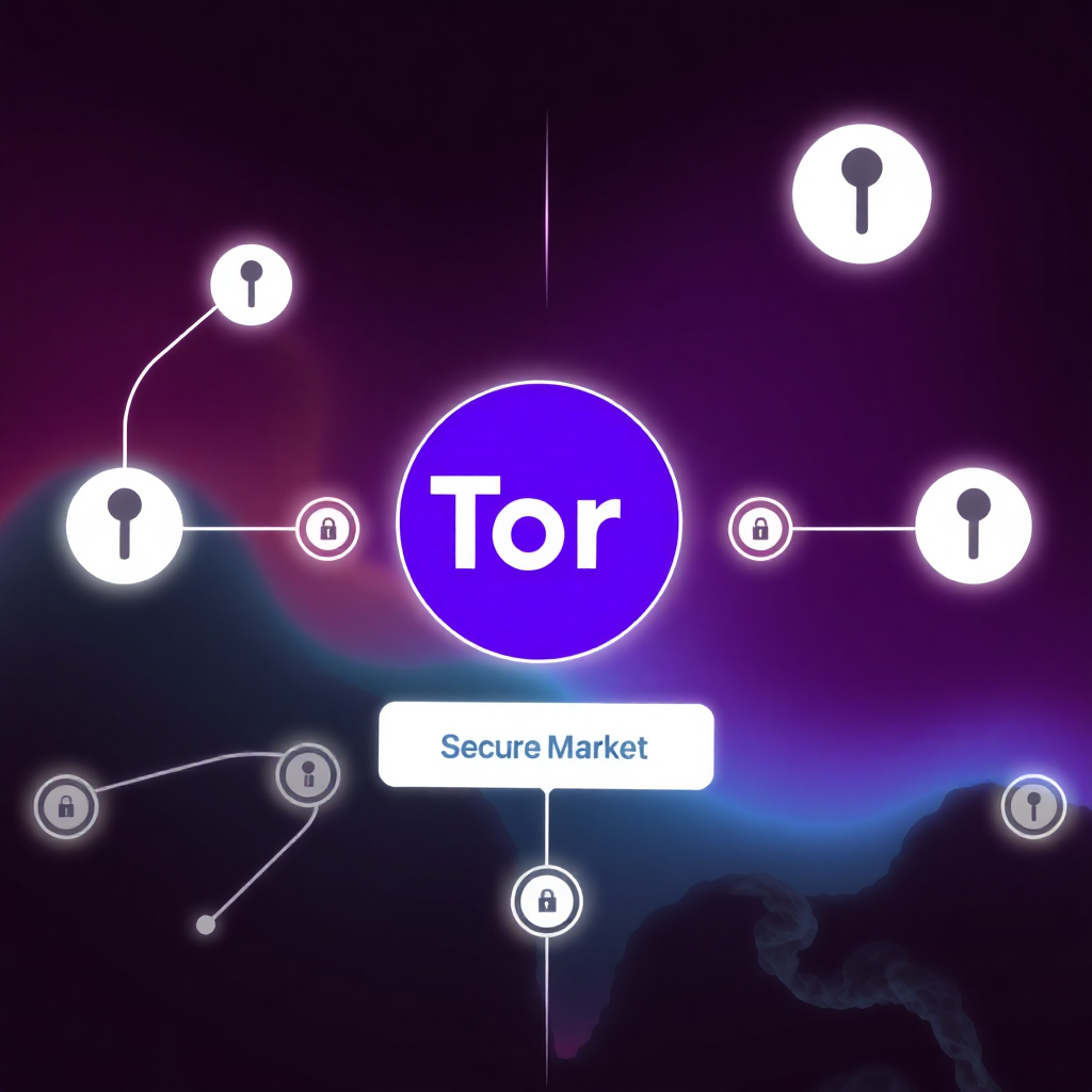 Secure Tor browser accessing TorZon Market with encryption symbols, onion routing visualization, and anonymous user interface