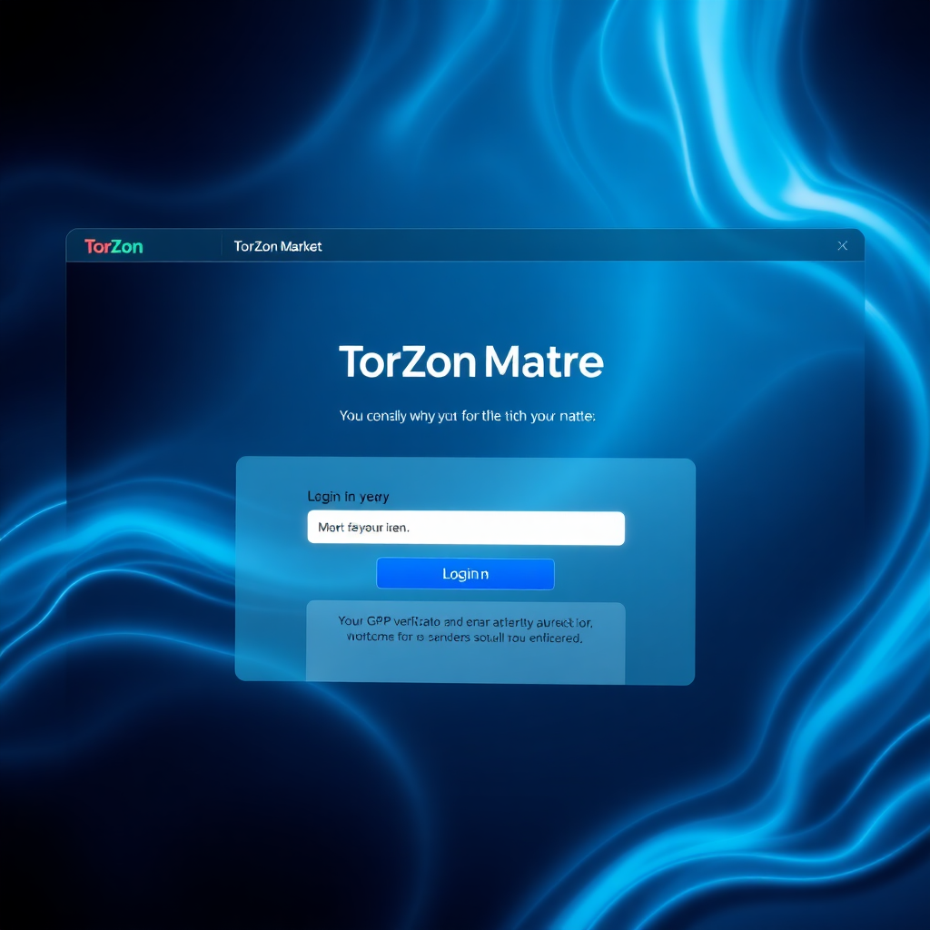 TorZon Market homepage showing the login screen with security verification, onion address bar, and PGP verification notice with blue neon accents