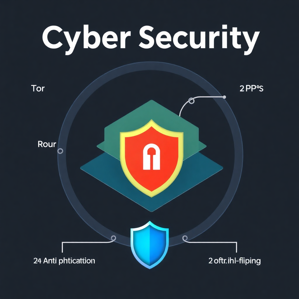 Cybersecurity visualization showing layers of protection: Tor network routing, PGP encryption, 2FA authentication, and anti-phishing measures with blue digital shield