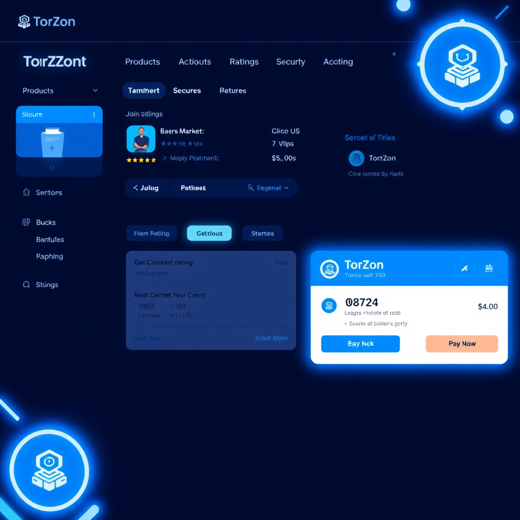 TorZon Market interface showing product listings, vendor ratings, secure messaging, and cryptocurrency payment options with blue neon UI elements