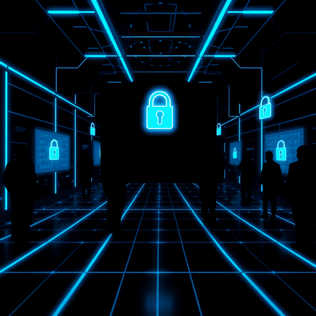 Dark futuristic digital marketplace with blue neon grid lines, secure padlocks, and anonymous user silhouettes trading in a virtual space