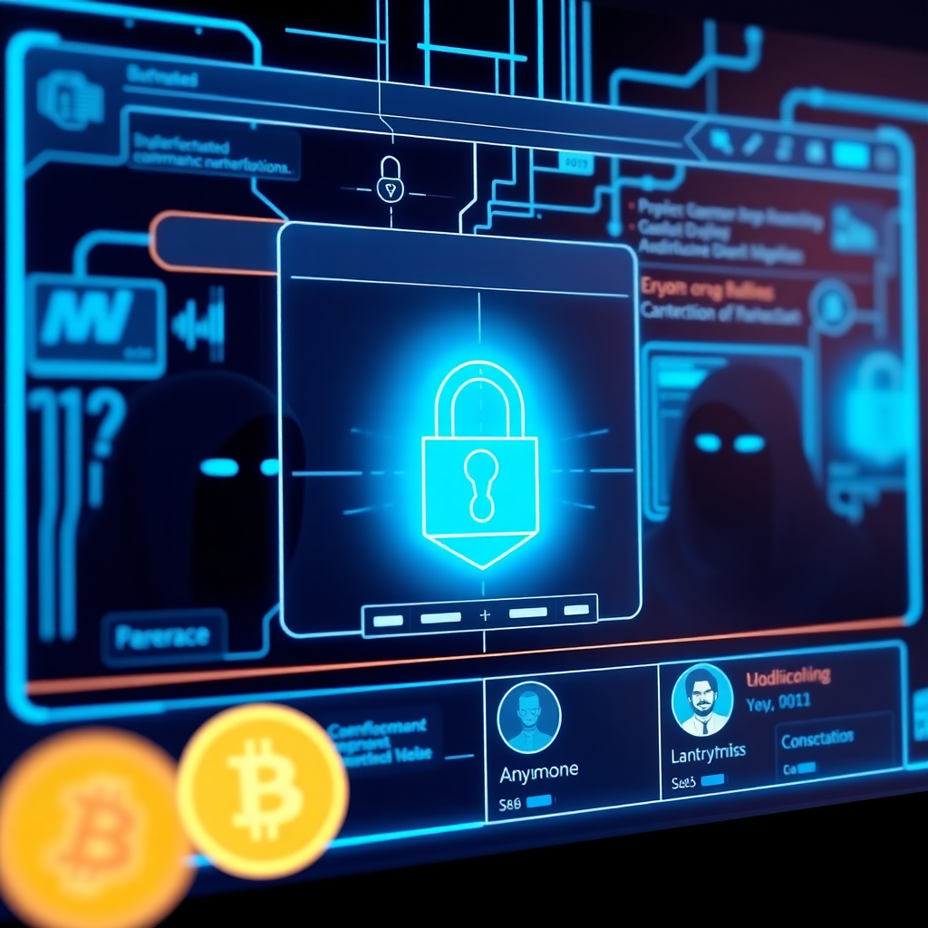 Secure digital marketplace interface showing encrypted communications, cryptocurrency transactions, and anonymous user profiles with blue neon accents