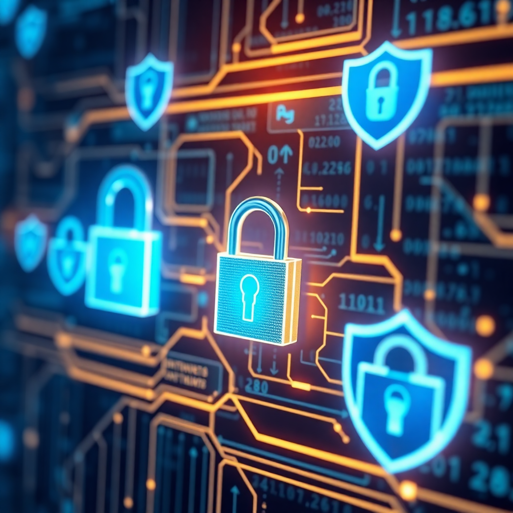 Cybersecurity concept showing digital locks, encryption keys, and security shields with blue neon glow protecting user data