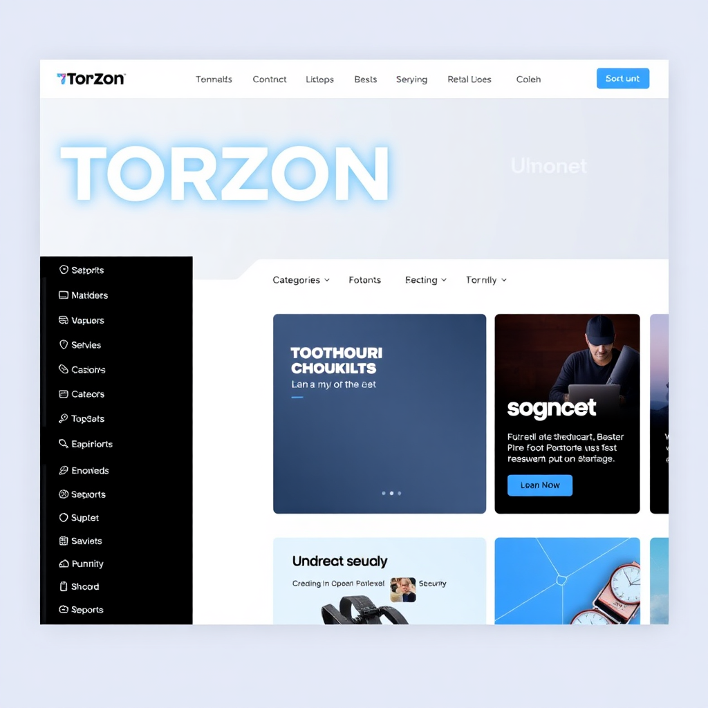 Modern TorZon Market homepage interface with blue neon highlights, categories sidebar, and featured security banners