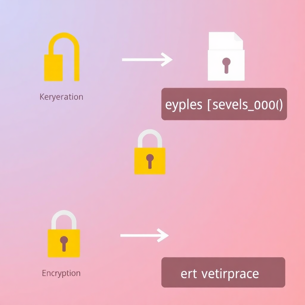 PGP encryption process: key generation, message encryption, and signature verification with digital lock icons