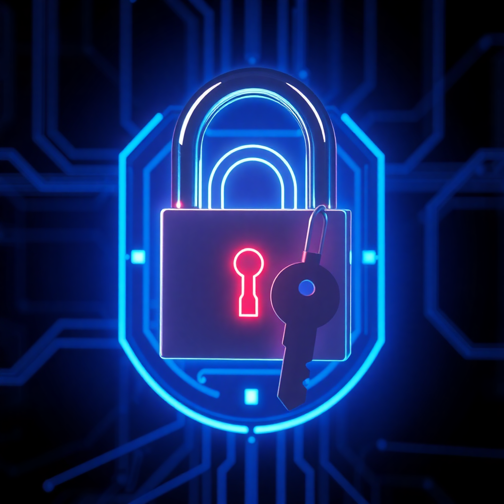Futuristic digital lock and encryption key glowing in blue neon, representing PGP encryption and privacy in a cyber environment