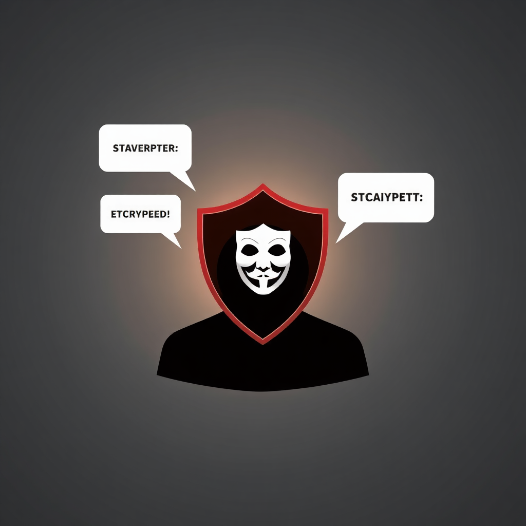 Anonymous user silhouette with digital shield and encrypted message bubbles, symbolizing privacy and security on darknet markets