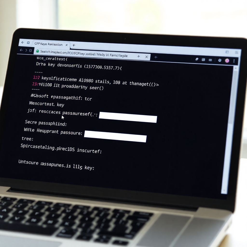 Laptop screen showing PGP key generation interface, with cryptographic keys and secure passphrase input fields