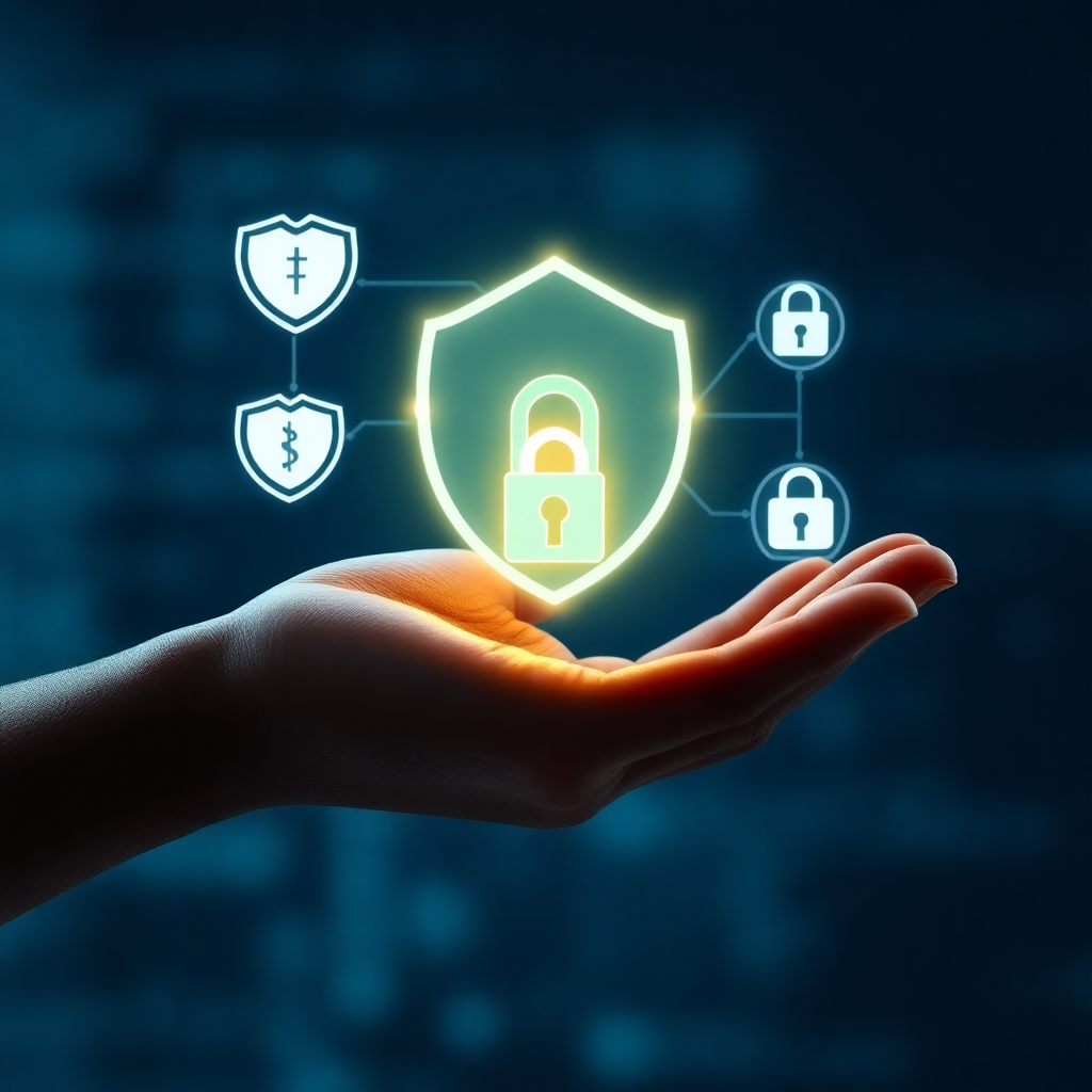 Digital hand holding a glowing encryption key, with shield and lock icons, symbolizing secure PGP key management