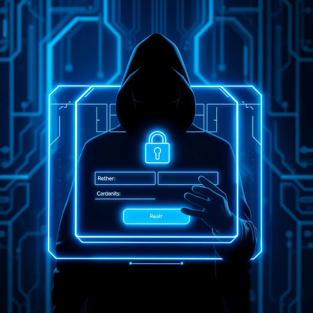 Futuristic digital registration interface with blue neon highlights, secure padlock, and anonymous user silhouette entering credentials