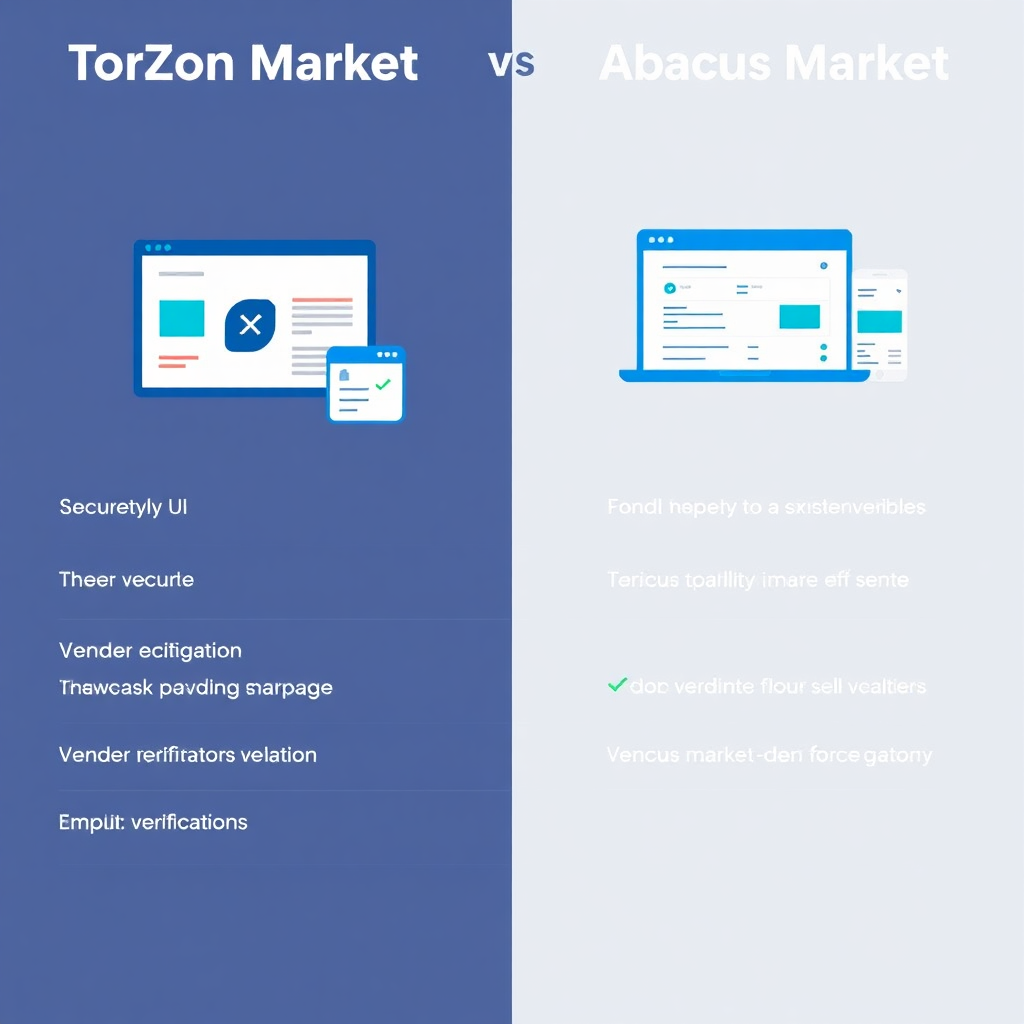 Comparison chart: TorZon Market vs Abacus Market, highlighting security, UI, and vendor verification with neon blue accents
