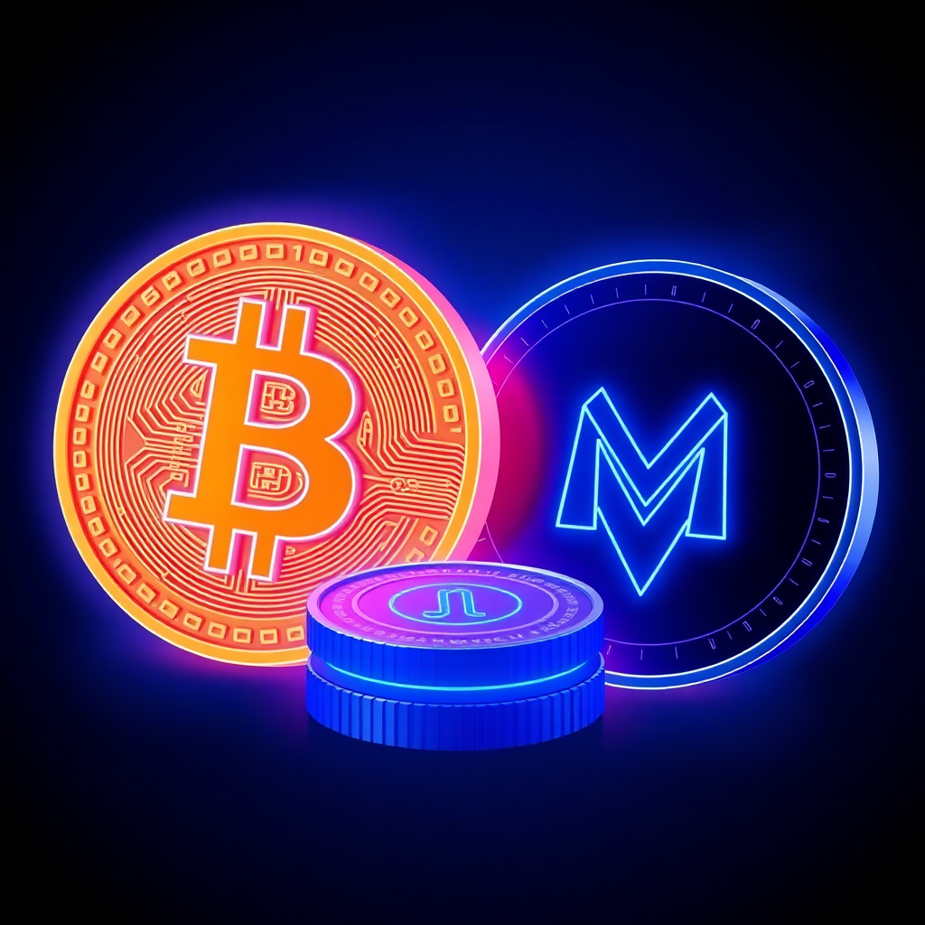Bitcoin and Monero coins with privacy shield, digital wallet, and anonymous purchase icons in blue neon