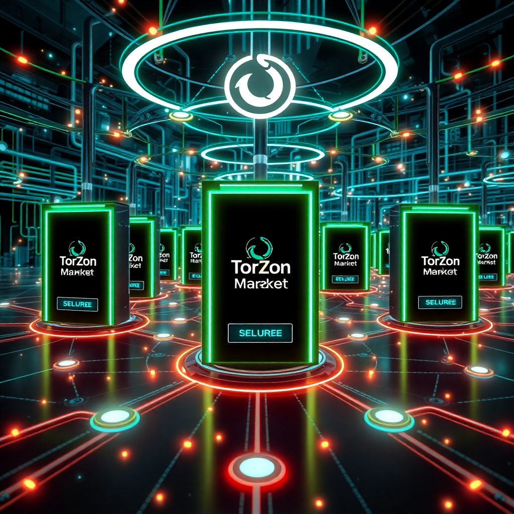 Futuristic digital network with multiple mirror portals showing TorZon Market access points, surrounded by secure connection symbols and Tor network nodes