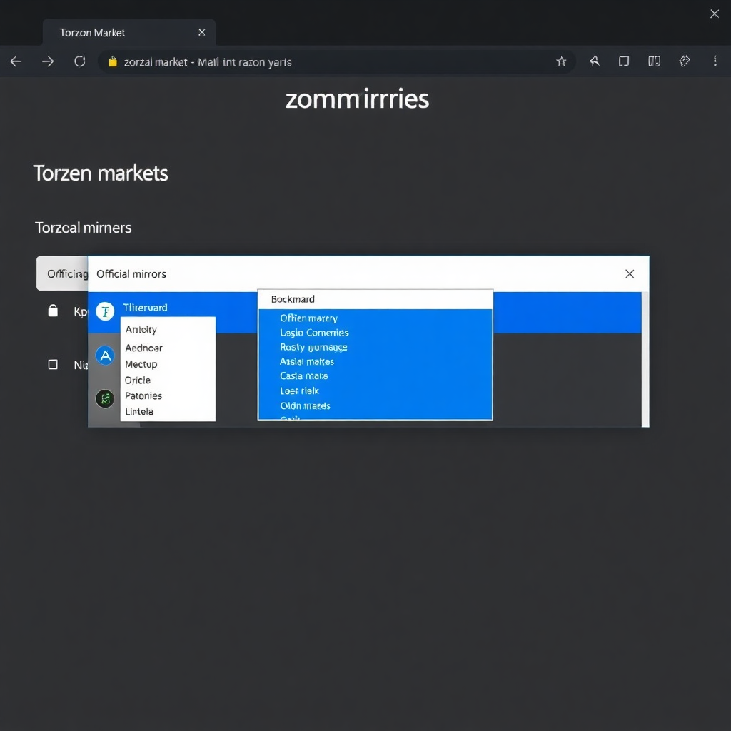 Screenshot showing the TorZon Market mirrors page with a list of official mirrors and a bookmark dialog open